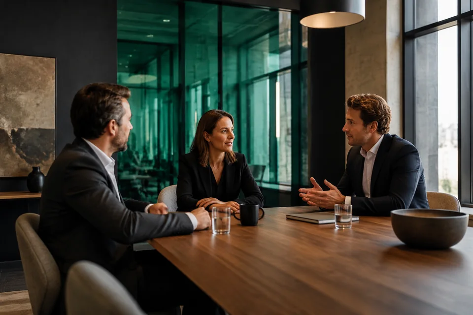 Consultants discussing a business project in a contemporary office