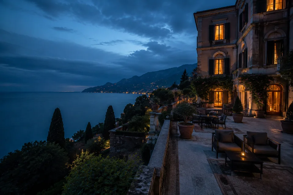 A boutique hotel terrace overlooking the Mediterranean at dusk